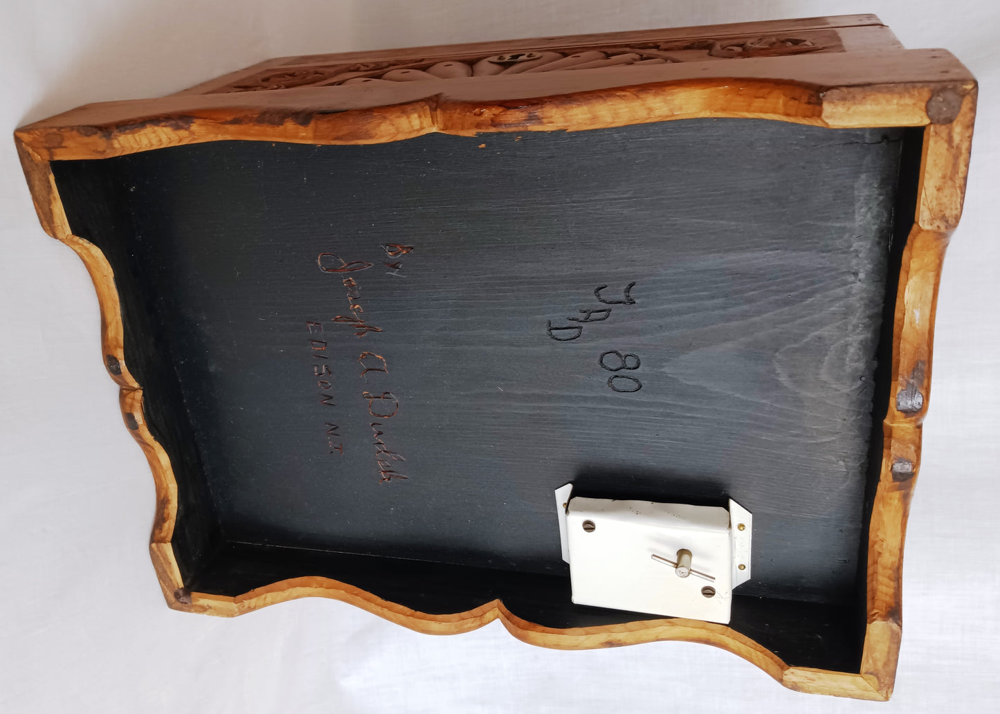 Vintage Hand Carved Wooden Wind-Up Music Box Lidded Hinged Footed Lined Large Storage Jewelry Box Signed