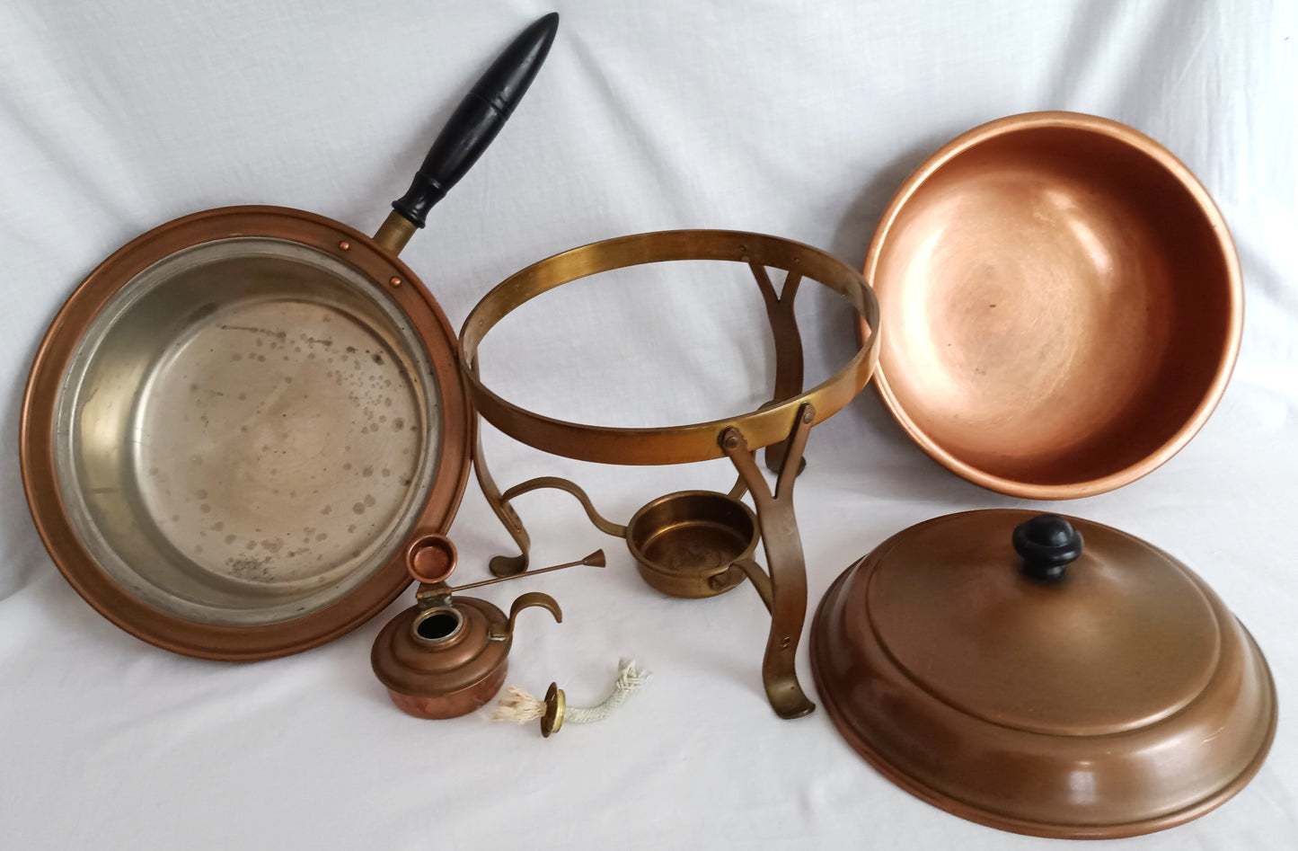 Vintage Copper Brass Double Boiler Food Warmer Buffet Chafing Dish Set w/ Burner - Copperware