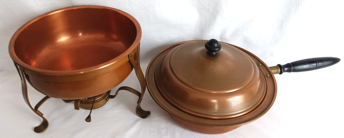 Vintage Copper Brass Double Boiler Food Warmer Buffet Chafing Dish Set w/ Burner - Copperware