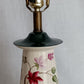 Vintage Tall Ceramic Table Lamp Victorian Style Pink Roses 3 Way Brass Harp and Finial Glazed Pottery Signed by Artist