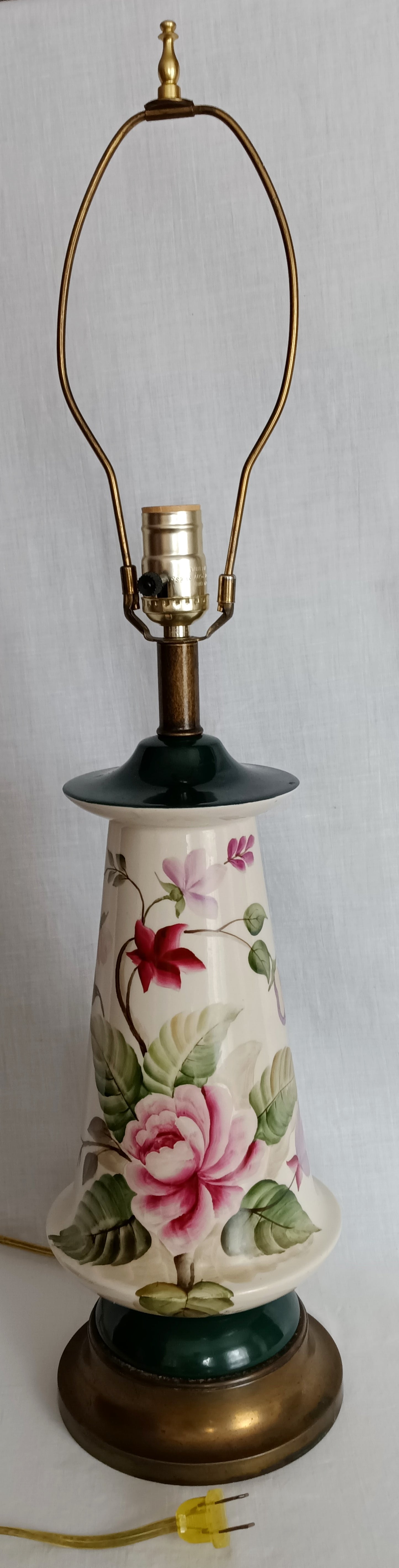 Vintage Tall Ceramic Table Lamp Victorian Style Pink Roses 3 Way Brass Harp and Finial Glazed Pottery Signed by Artist