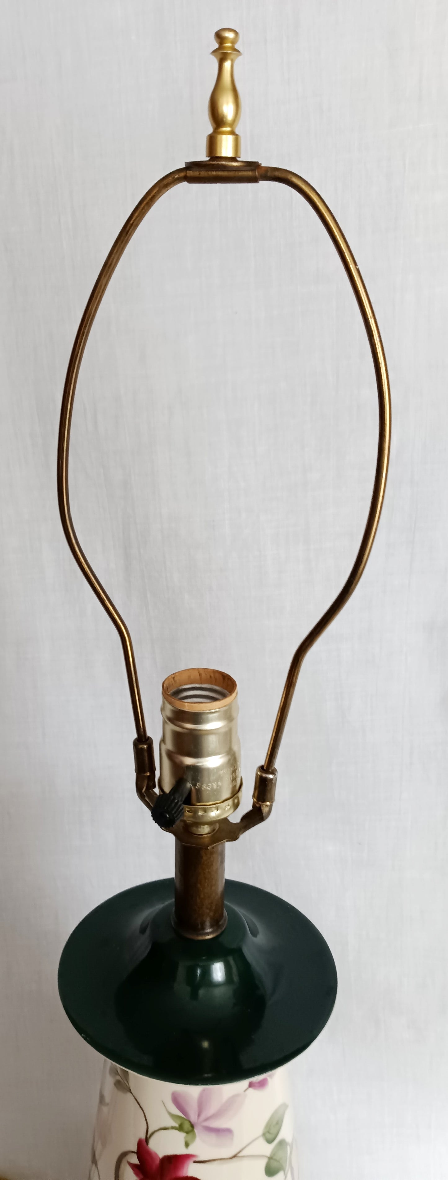 Vintage Tall Ceramic Table Lamp Victorian Style Pink Roses 3 Way Brass Harp and Finial Glazed Pottery Signed by Artist