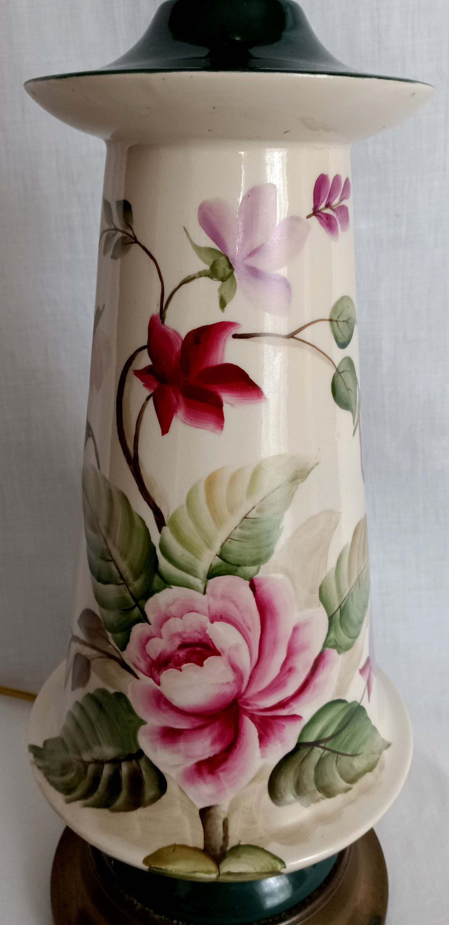 Vintage Tall Ceramic Table Lamp Victorian Style Pink Roses 3 Way Brass Harp and Finial Glazed Pottery Signed by Artist