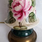 Vintage Tall Ceramic Table Lamp Victorian Style Pink Roses 3 Way Brass Harp and Finial Glazed Pottery Signed by Artist