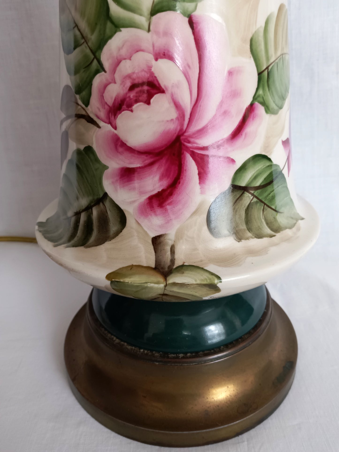 Vintage Tall Ceramic Table Lamp Victorian Style Pink Roses 3 Way Brass Harp and Finial Glazed Pottery Signed by Artist