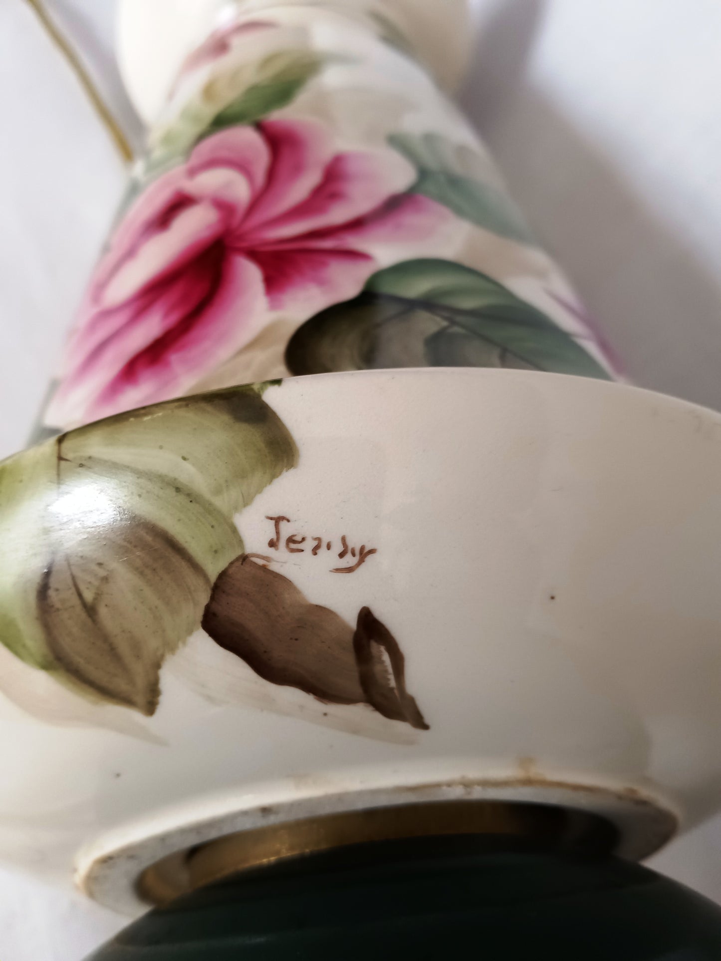 Vintage Tall Ceramic Table Lamp Victorian Style Pink Roses 3 Way Brass Harp and Finial Glazed Pottery Signed by Artist