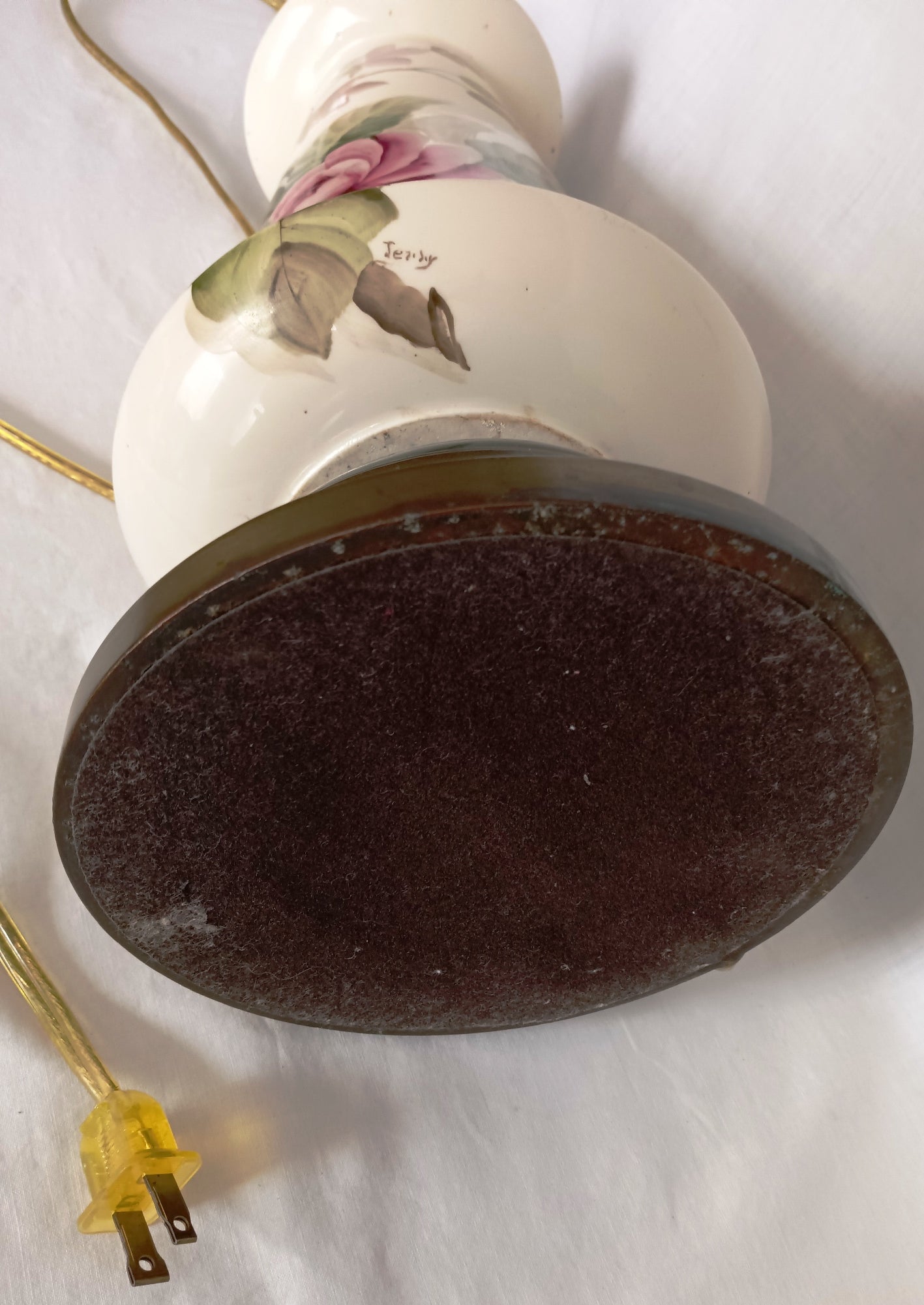 Vintage Tall Ceramic Table Lamp Victorian Style Pink Roses 3 Way Brass Harp and Finial Glazed Pottery Signed by Artist