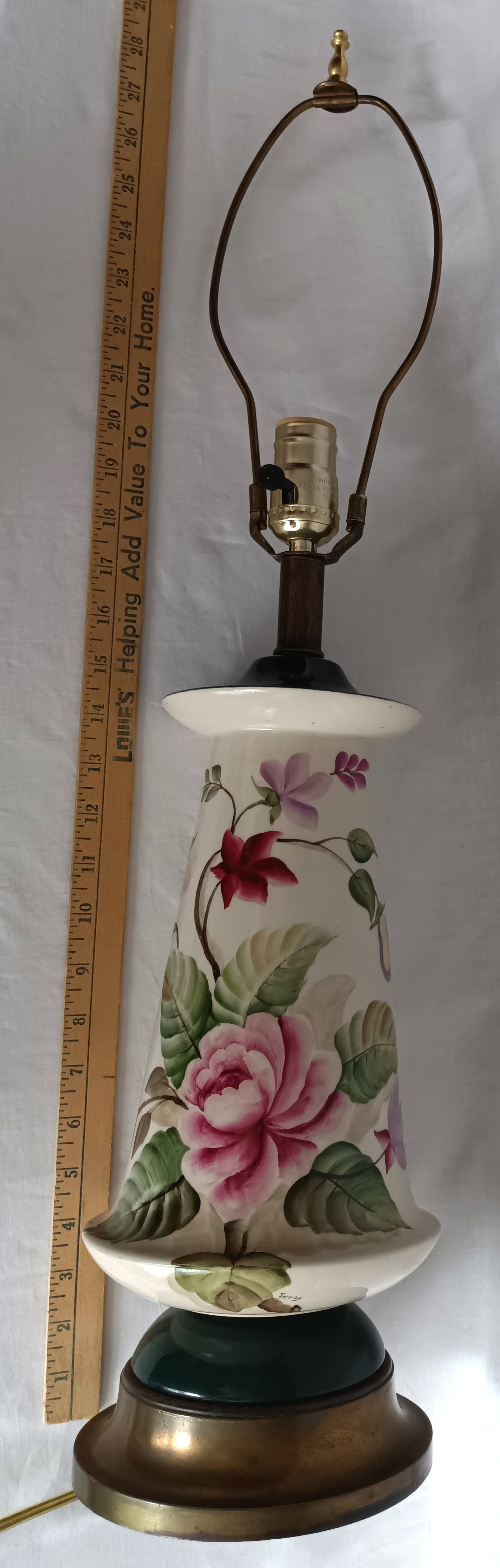 Vintage Tall Ceramic Table Lamp Victorian Style Pink Roses 3 Way Brass Harp and Finial Glazed Pottery Signed by Artist