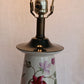 Vintage Tall Ceramic Table Lamp Victorian Style Pink Roses 3 Way Brass Harp and Finial Glazed Pottery Signed by Artist