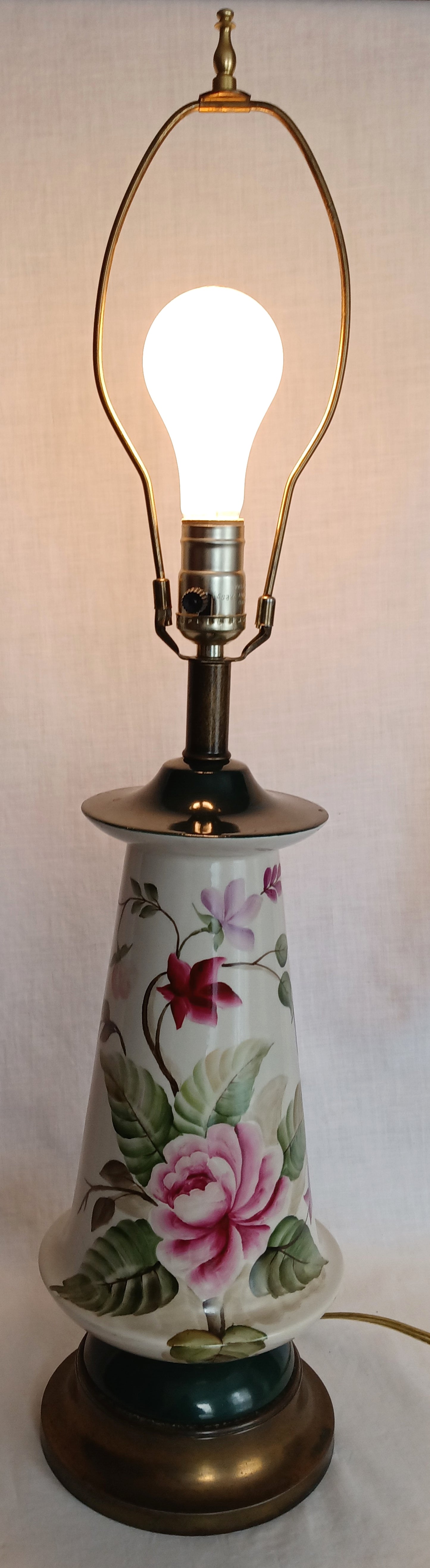 Vintage Tall Ceramic Table Lamp Victorian Style Pink Roses 3 Way Brass Harp and Finial Glazed Pottery Signed by Artist