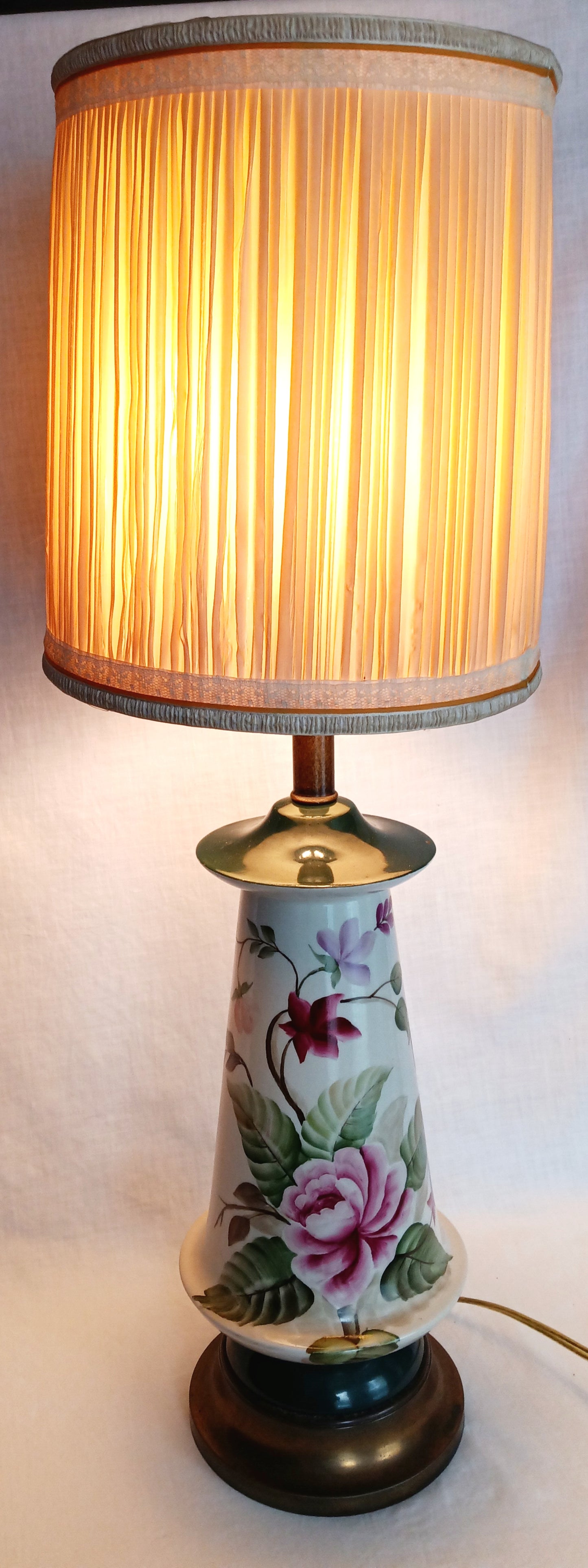 Vintage Tall Ceramic Table Lamp Victorian Style Pink Roses 3 Way Brass Harp and Finial Glazed Pottery Signed by Artist