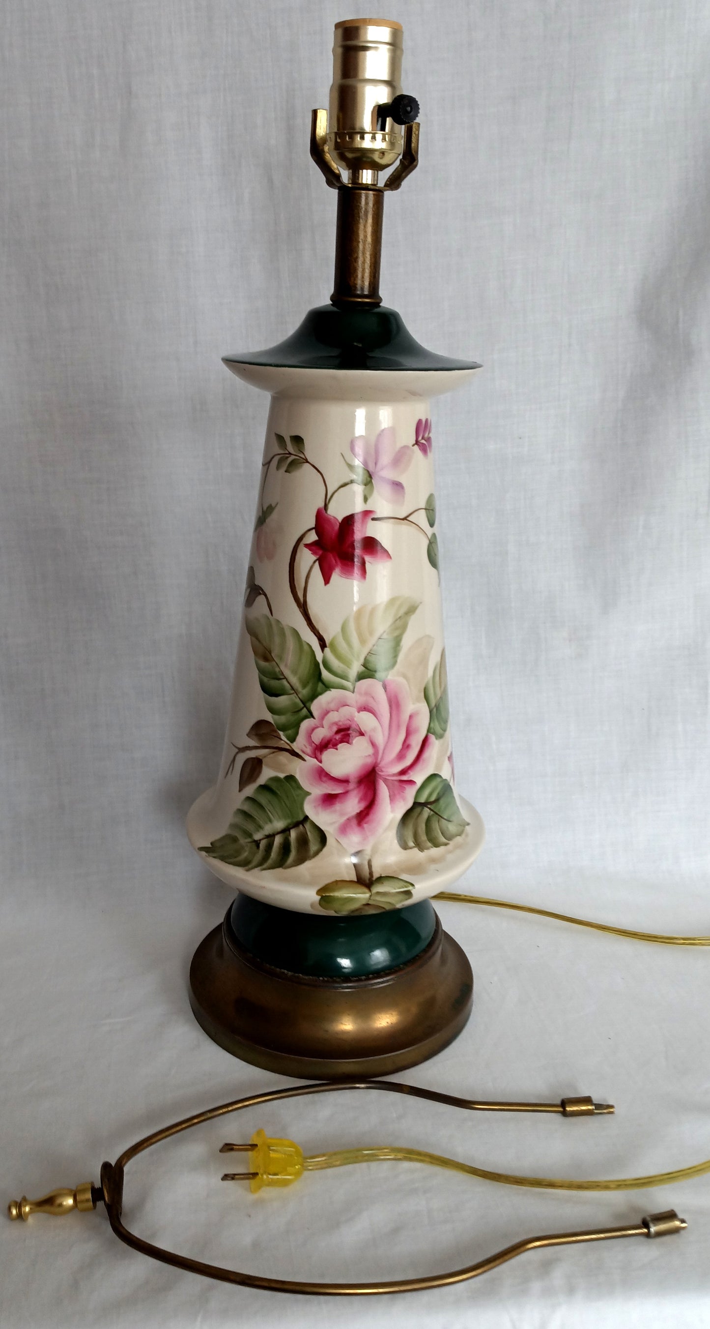 Vintage Tall Ceramic Table Lamp Victorian Style Pink Roses 3 Way Brass Harp and Finial Glazed Pottery Signed by Artist