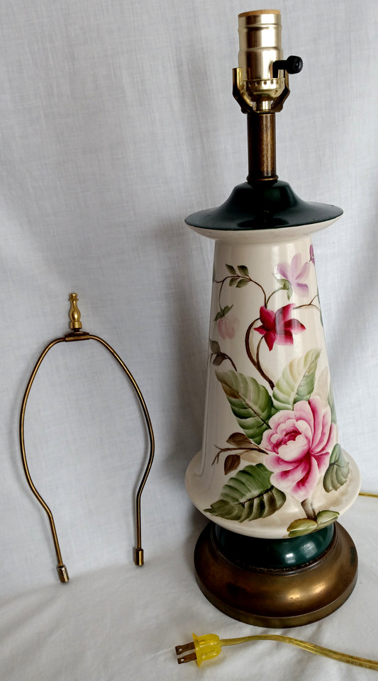 Vintage Tall Ceramic Table Lamp Victorian Style Pink Roses 3 Way Brass Harp and Finial Glazed Pottery Signed by Artist