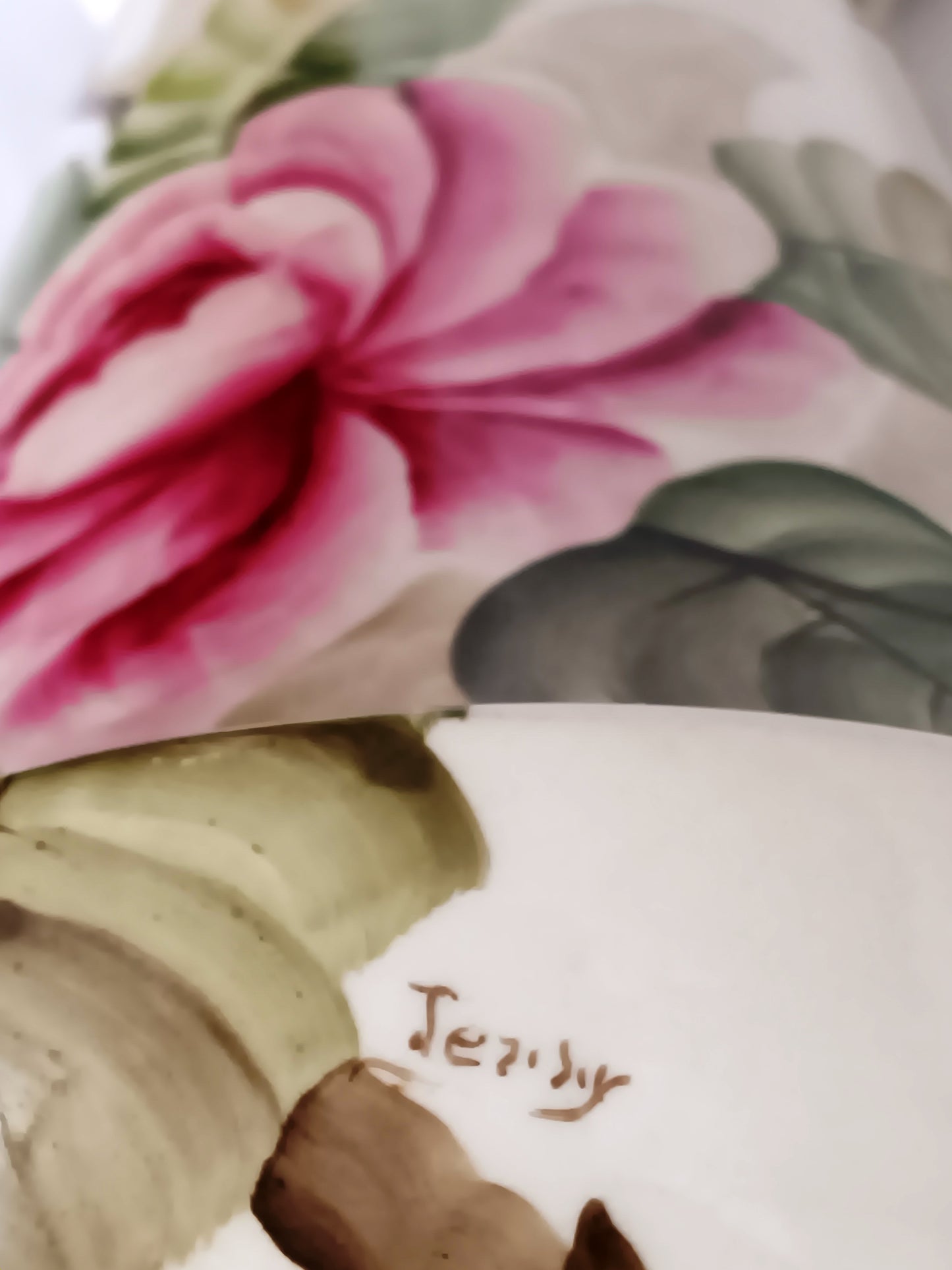 Vintage Tall Ceramic Table Lamp Victorian Style Pink Roses 3 Way Brass Harp and Finial Glazed Pottery Signed by Artist