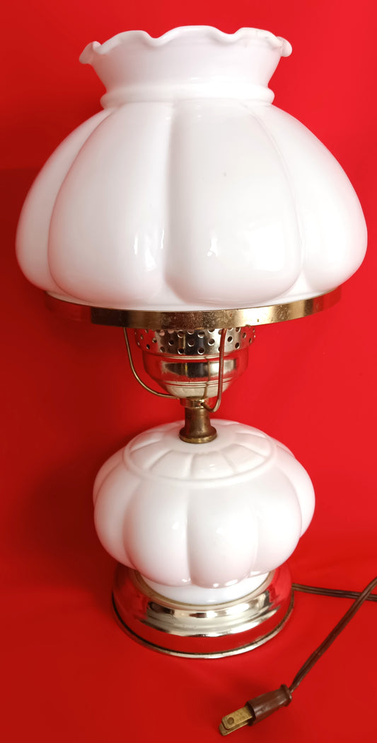 Vintage Milk Glass Table Lamp Melon Style Body and Globe Crimp Top Student Parlor Dresser Desk White Lamp