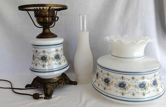 Vintage Abigail Adams Quoizel GWTW Hurricane Table Parlor Lamp Blue Poppies Pattern Milk Glass Body and Shade 3 Way Chimney Country Decor