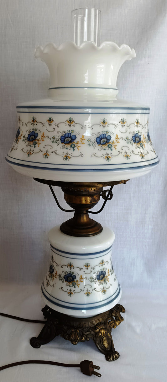 Vintage Abigail Adams Quoizel GWTW Hurricane Table Parlor Lamp Blue Poppies Pattern Milk Glass Body and Shade 3 Way Chimney Country Decor