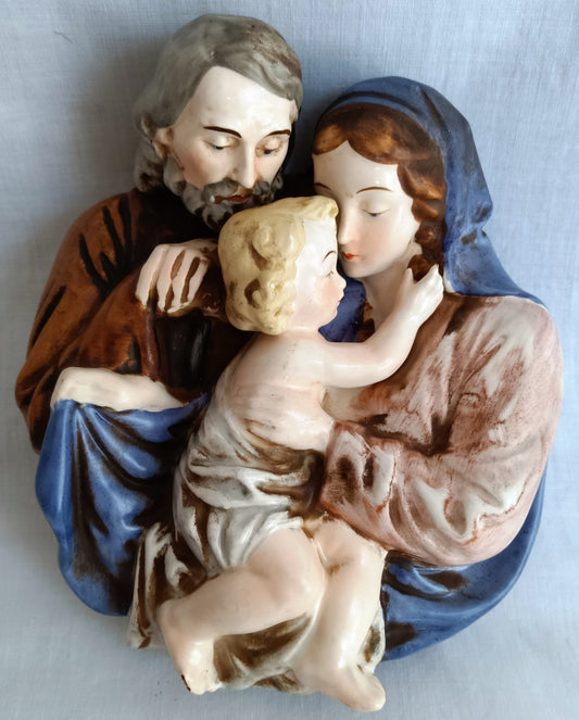 Vintage Ceramic Religious Wall Plaque Holy Family Hand Painted Glazed Sculpture Nativity Christianity Scene