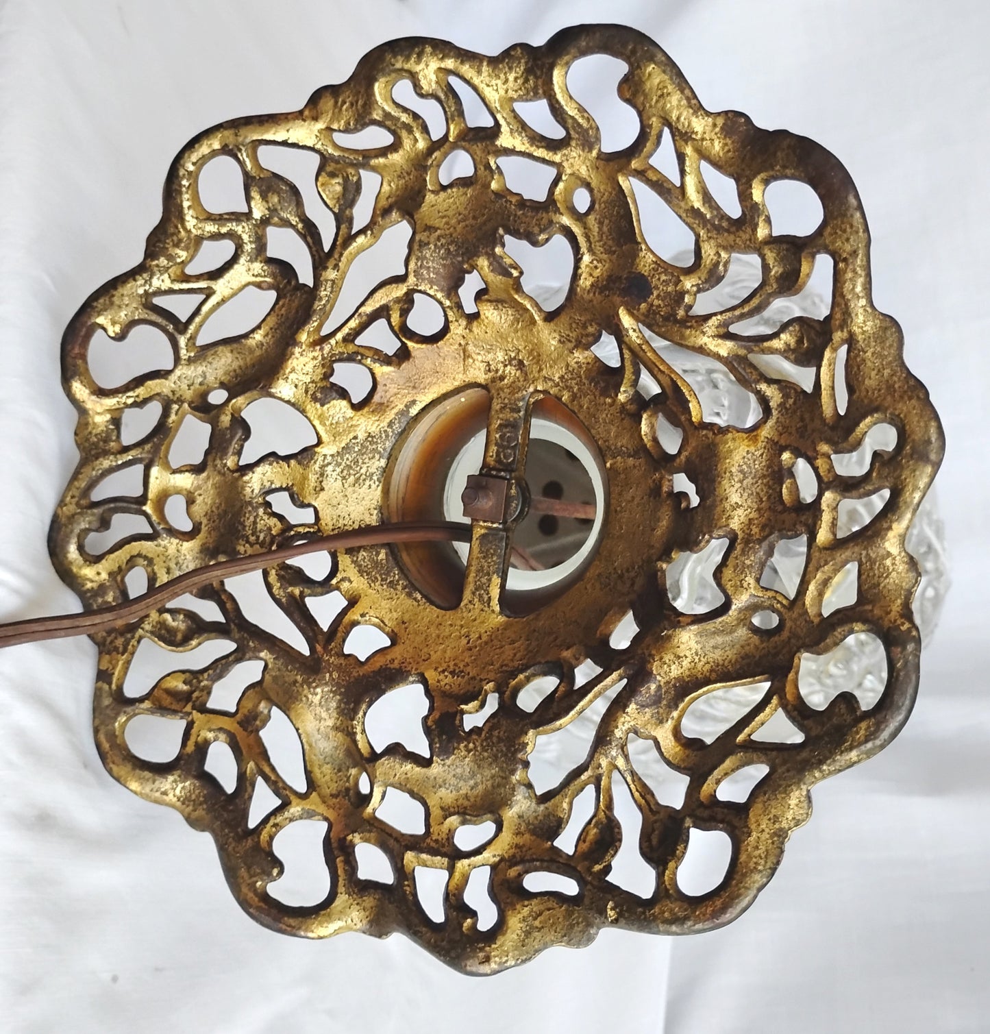 Antique GWTW Style Regal Iris Electrified Oil Lamp Success Brass Burner Heavy Glass Body and Base Shade Chimney in Line Switch 30 “Tall