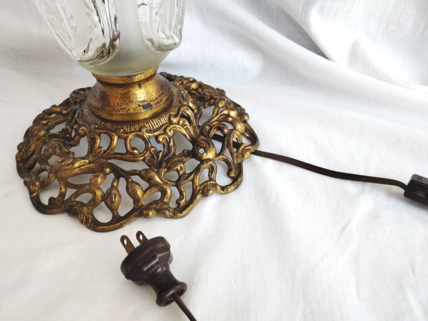 Antique GWTW Style Regal Iris Electrified Oil Lamp Success Brass Burner Heavy Glass Body and Base Shade Chimney in Line Switch 30 “Tall