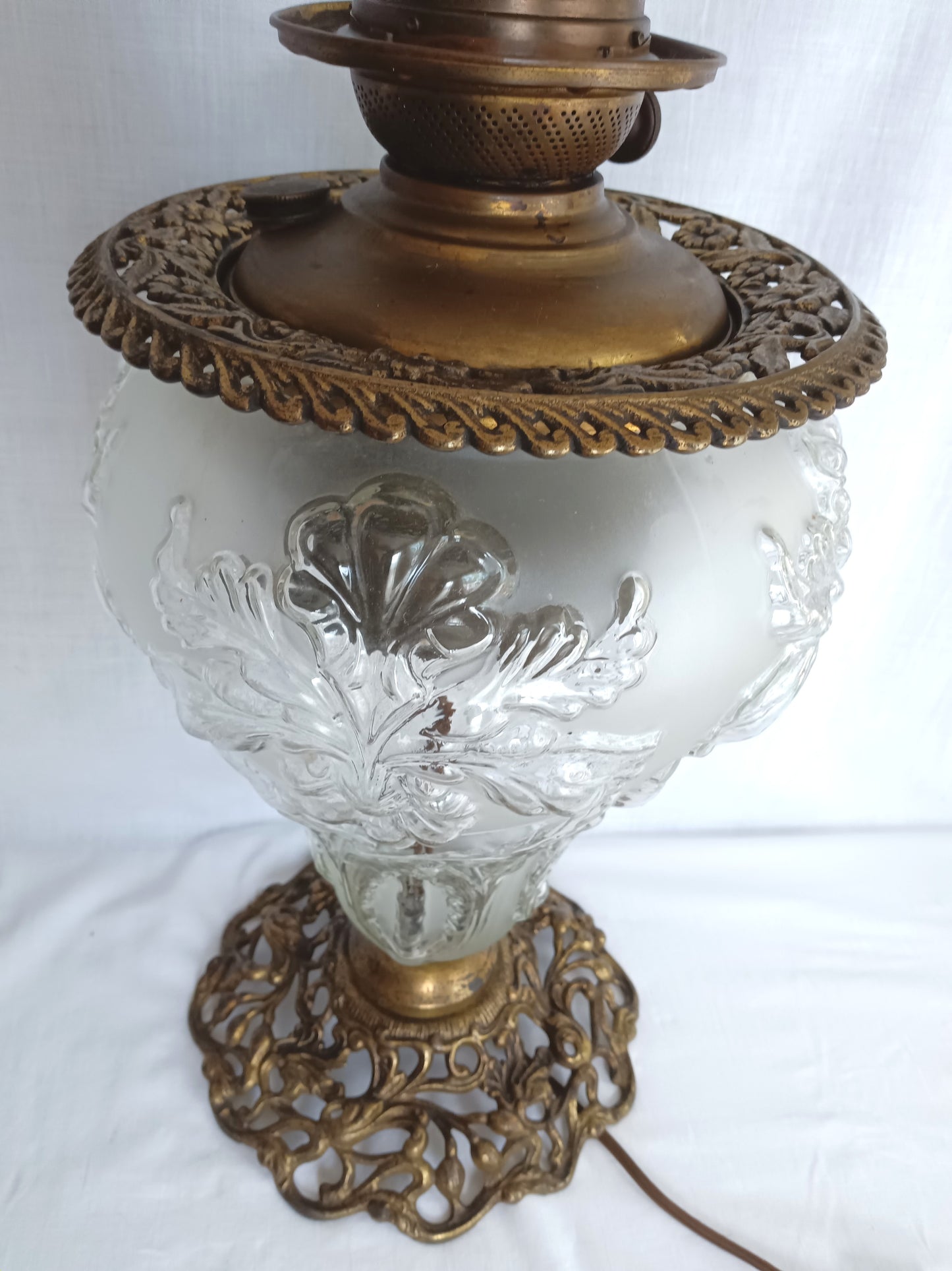 Antique GWTW Style Regal Iris Electrified Oil Lamp Success Brass Burner Heavy Glass Body and Base Shade Chimney in Line Switch 30 “Tall