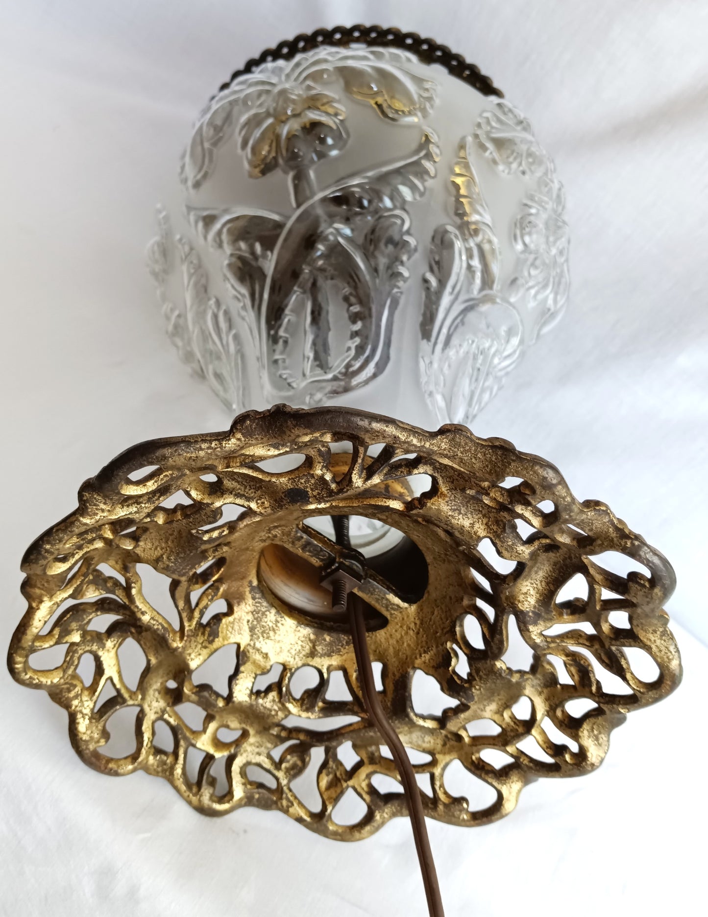 Antique GWTW Style Regal Iris Electrified Oil Lamp Success Brass Burner Heavy Glass Body and Base Shade Chimney in Line Switch 30 “Tall