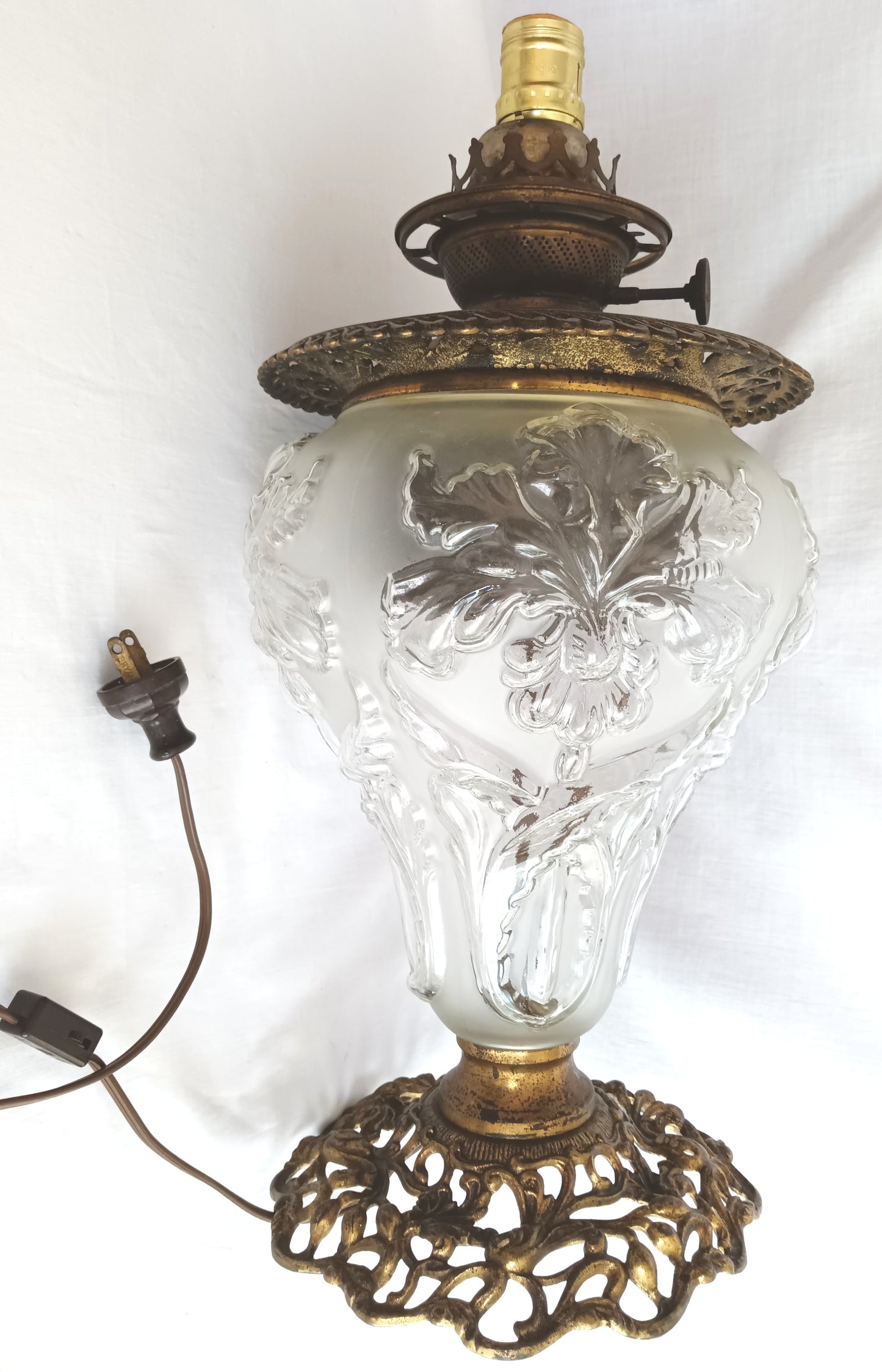 Antique GWTW Style Regal Iris Electrified Oil Lamp Success Brass Burner Heavy Glass Body and Base Shade Chimney in Line Switch 30 “Tall