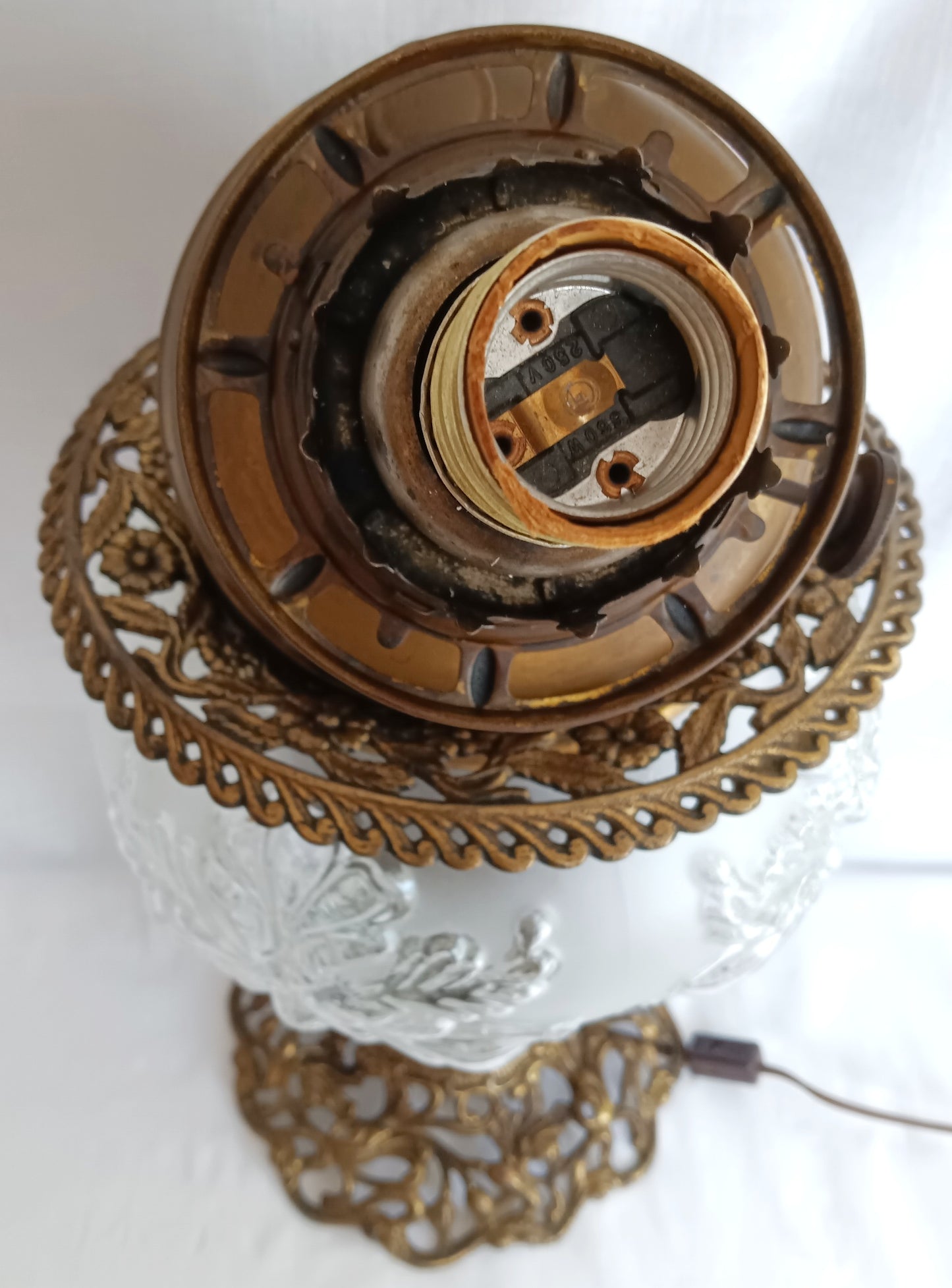 Antique GWTW Style Regal Iris Electrified Oil Lamp Success Brass Burner Heavy Glass Body and Base Shade Chimney in Line Switch 30 “Tall