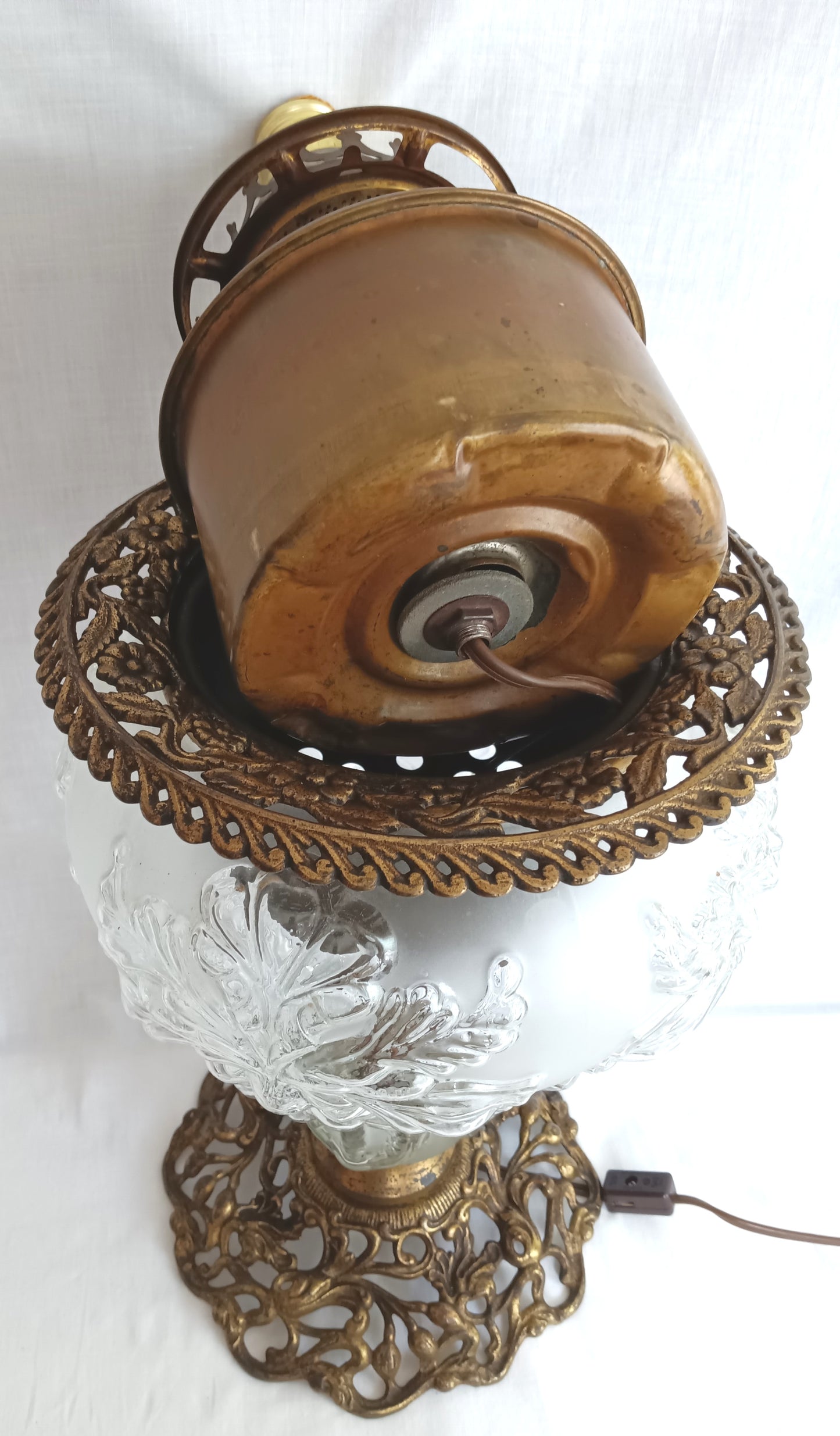Antique GWTW Style Regal Iris Electrified Oil Lamp Success Brass Burner Heavy Glass Body and Base Shade Chimney in Line Switch 30 “Tall