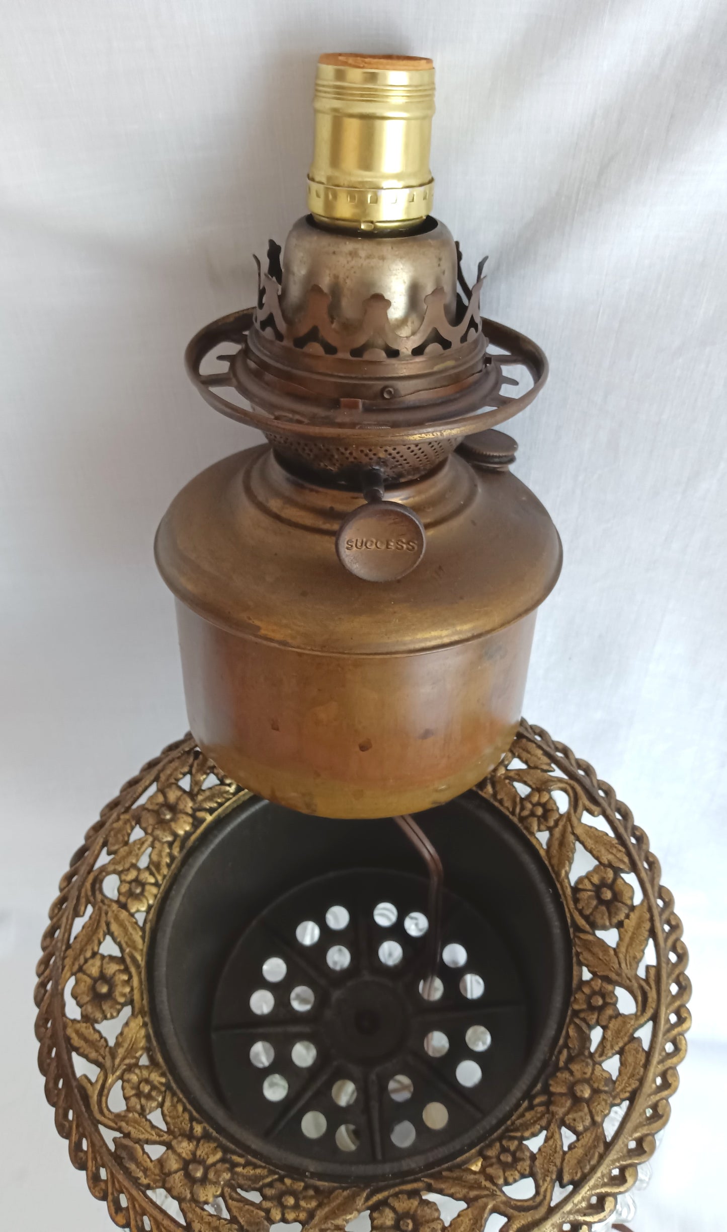 Antique GWTW Style Regal Iris Electrified Oil Lamp Success Brass Burner Heavy Glass Body and Base Shade Chimney in Line Switch 30 “Tall