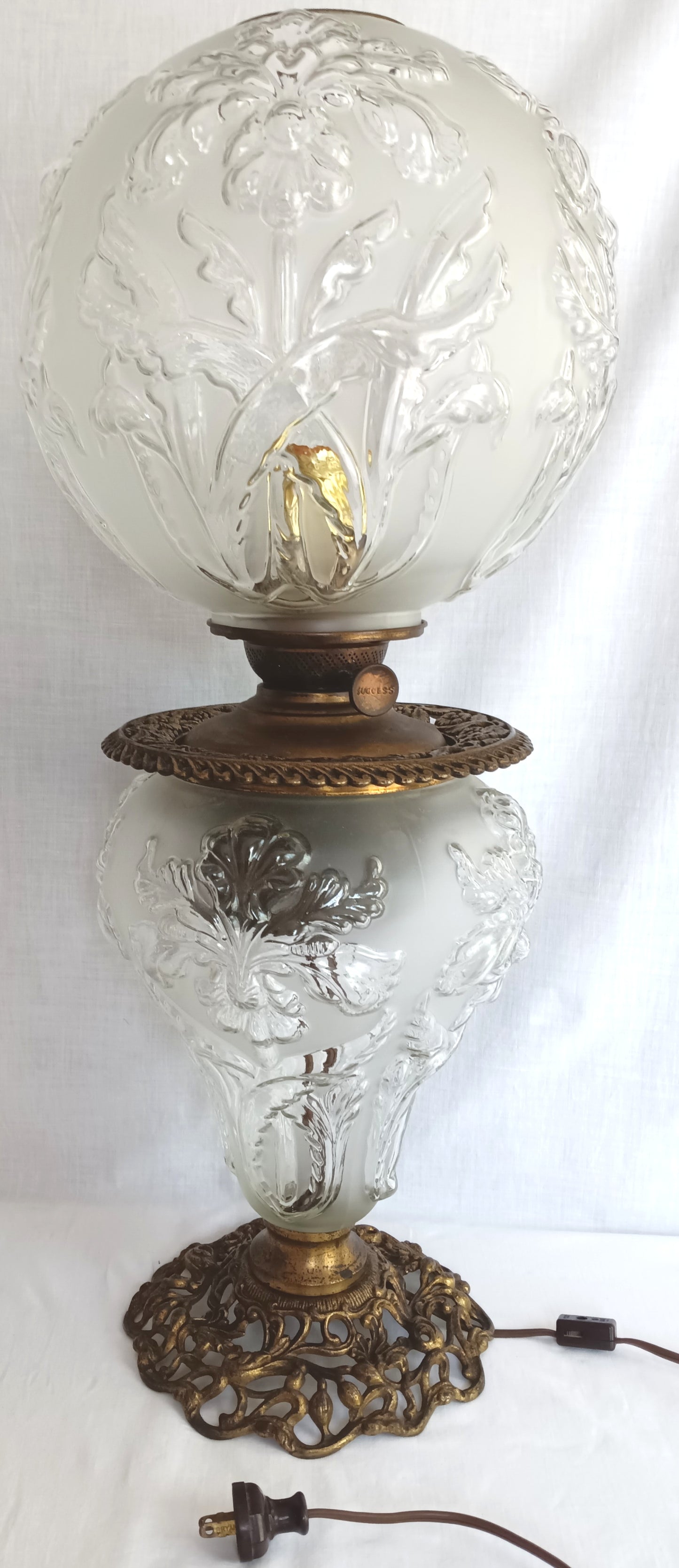 Antique GWTW Style Regal Iris Electrified Oil Lamp Success Brass Burner Heavy Glass Body and Base Shade Chimney in Line Switch 30 “Tall