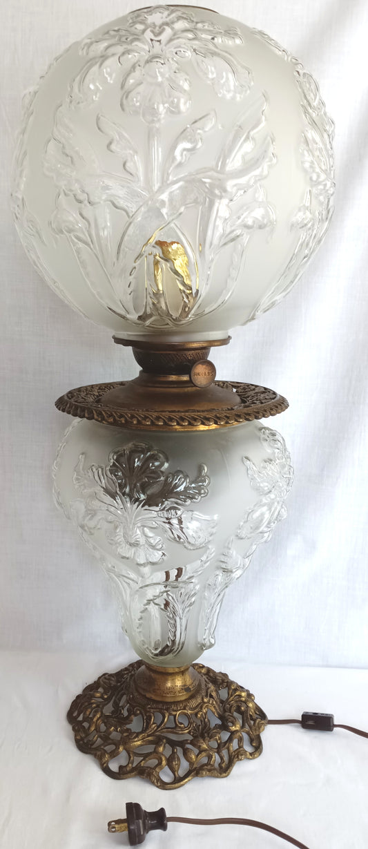 Antique GWTW Style Regal Iris Electrified Oil Lamp Success Brass Burner Heavy Glass Body and Base Shade Chimney in Line Switch 30 “Tall