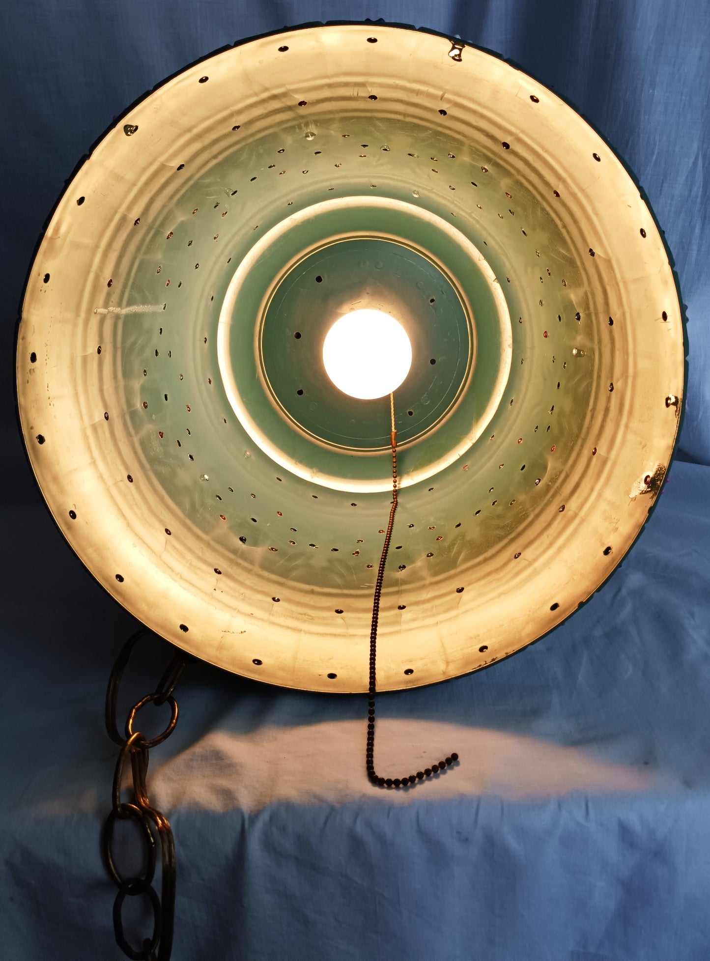 Vintage Large Pendant Lawnware Beaded Hanging Swag Lamp Green Molded Plastic Bell Shape Carved Floral Long Chain Plug In Retro Lighting