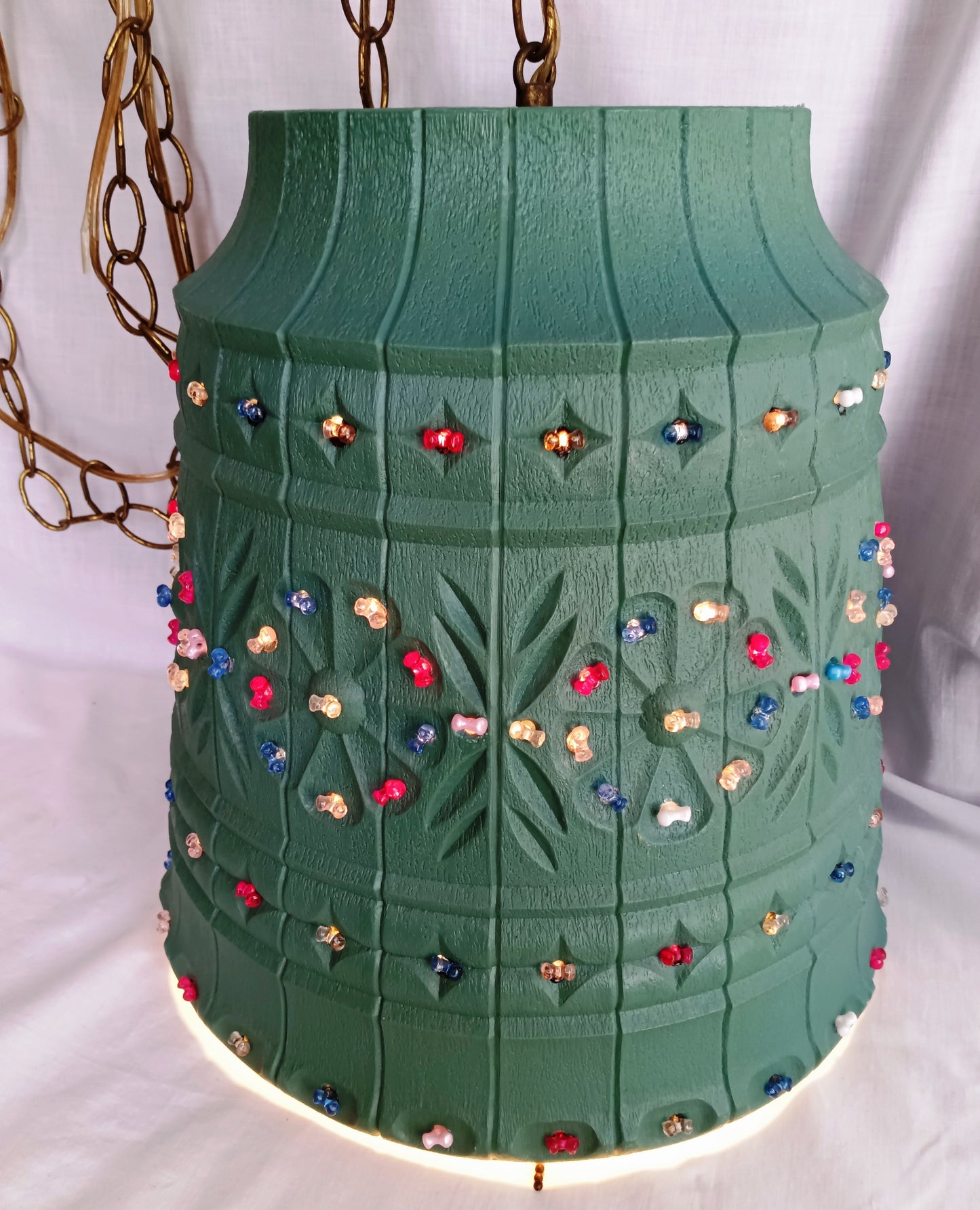 Vintage Large Pendant Lawnware Beaded Hanging Swag Lamp Green Molded Plastic Bell Shape Carved Floral Long Chain Plug In Retro Lighting