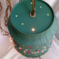 Vintage Large Pendant Lawnware Beaded Hanging Swag Lamp Green Molded Plastic Bell Shape Carved Floral Long Chain Plug In Retro Lighting