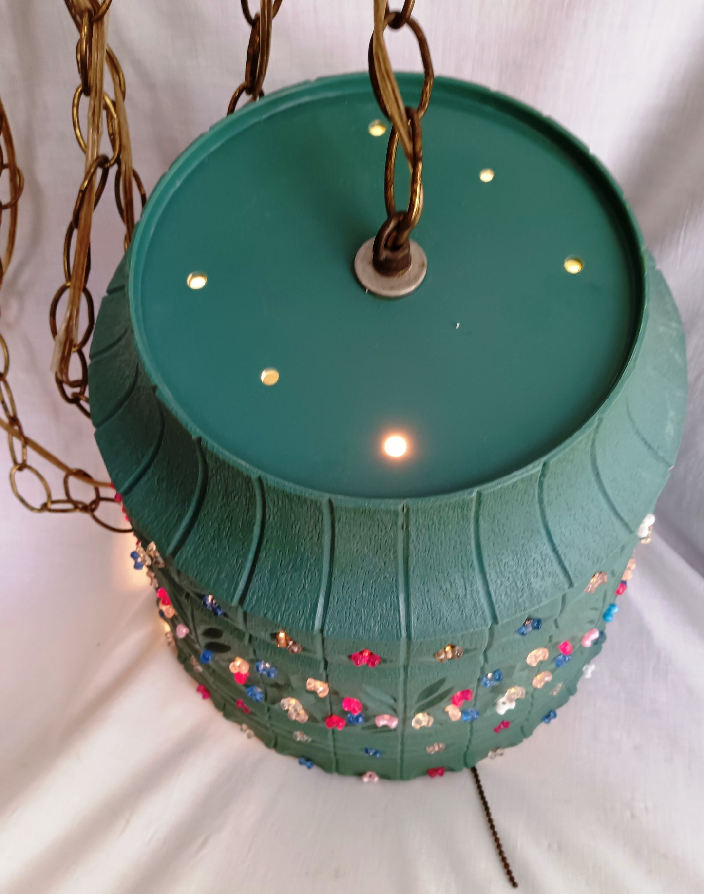 Vintage Large Pendant Lawnware Beaded Hanging Swag Lamp Green Molded Plastic Bell Shape Carved Floral Long Chain Plug In Retro Lighting