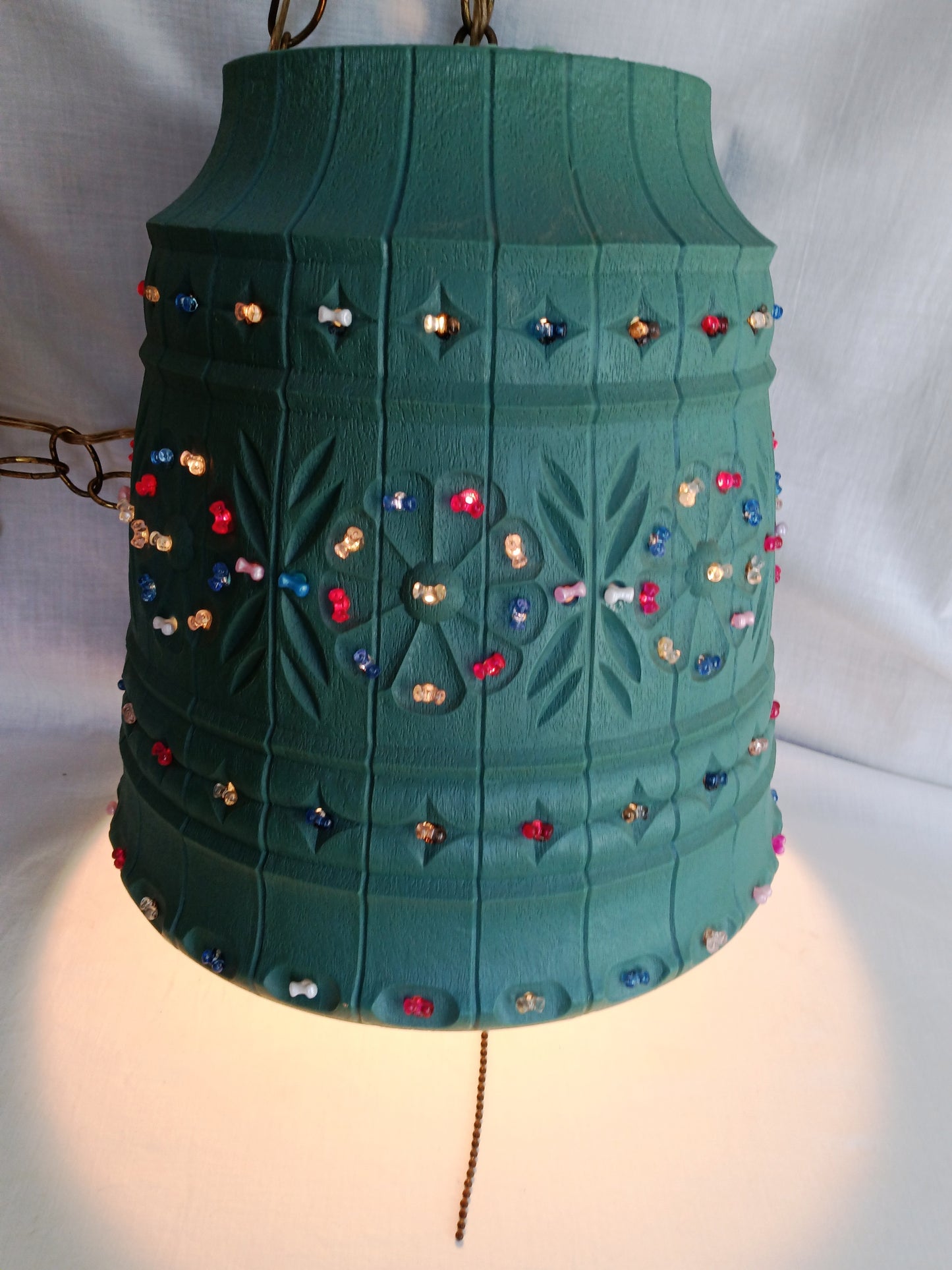 Vintage Large Pendant Lawnware Beaded Hanging Swag Lamp Green Molded Plastic Bell Shape Carved Floral Long Chain Plug In Retro Lighting