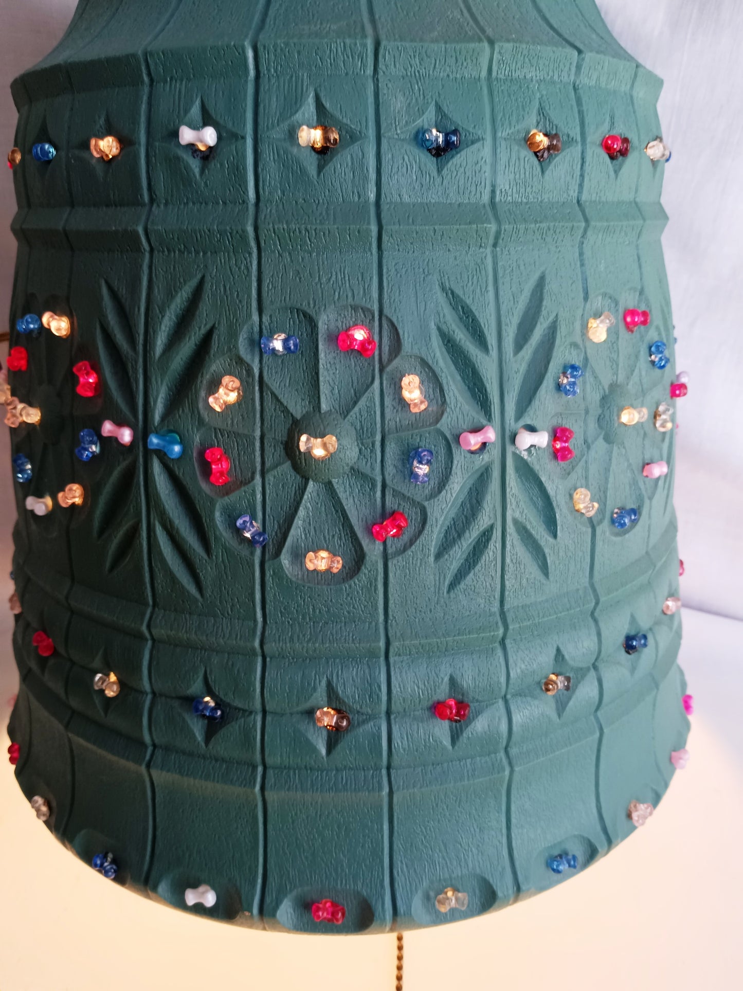 Vintage Large Pendant Lawnware Beaded Hanging Swag Lamp Green Molded Plastic Bell Shape Carved Floral Long Chain Plug In Retro Lighting