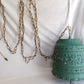 Vintage Large Pendant Lawnware Beaded Hanging Swag Lamp Green Molded Plastic Bell Shape Carved Floral Long Chain Plug In Retro Lighting