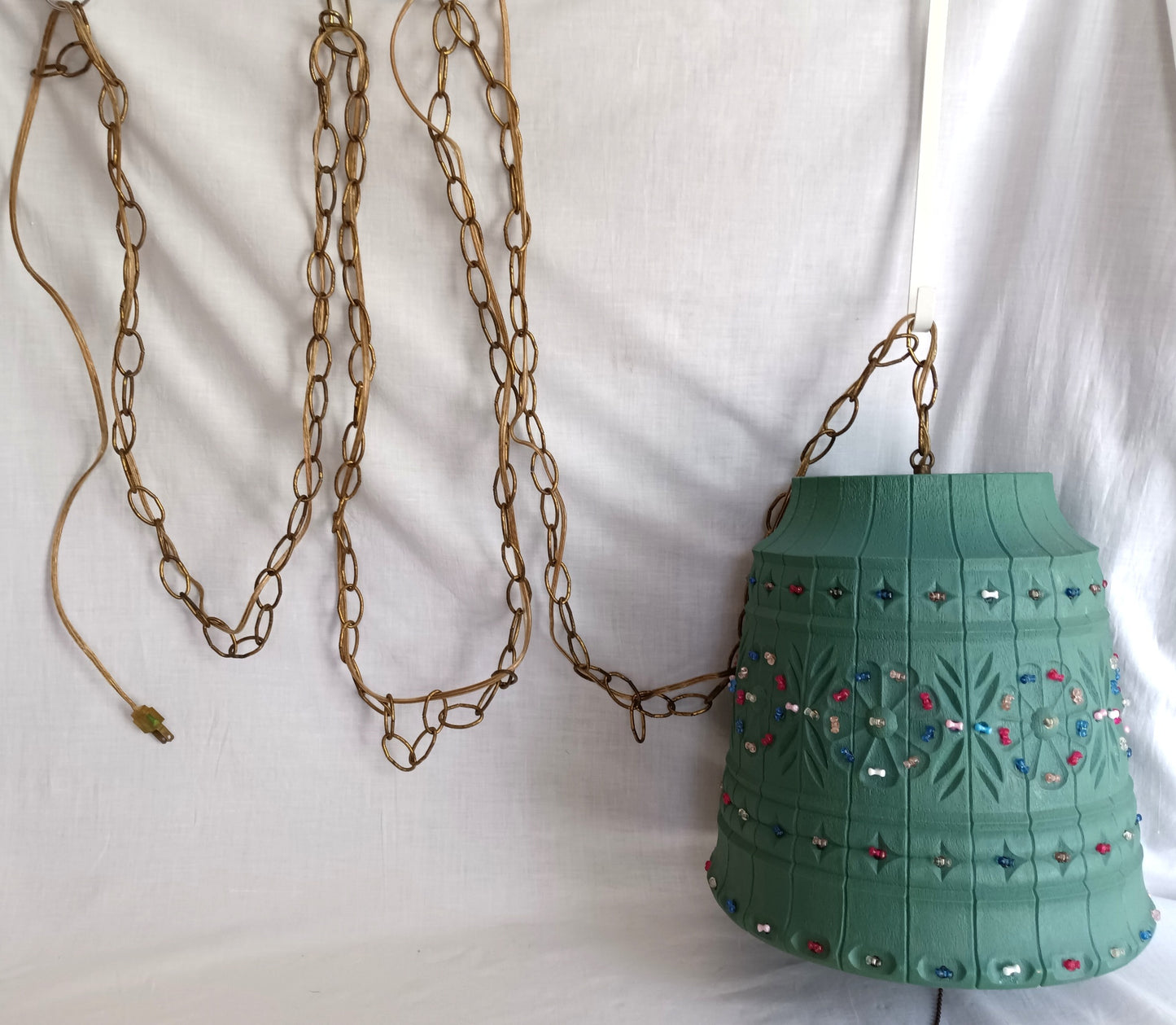 Vintage Large Pendant Lawnware Beaded Hanging Swag Lamp Green Molded Plastic Bell Shape Carved Floral Long Chain Plug In Retro Lighting