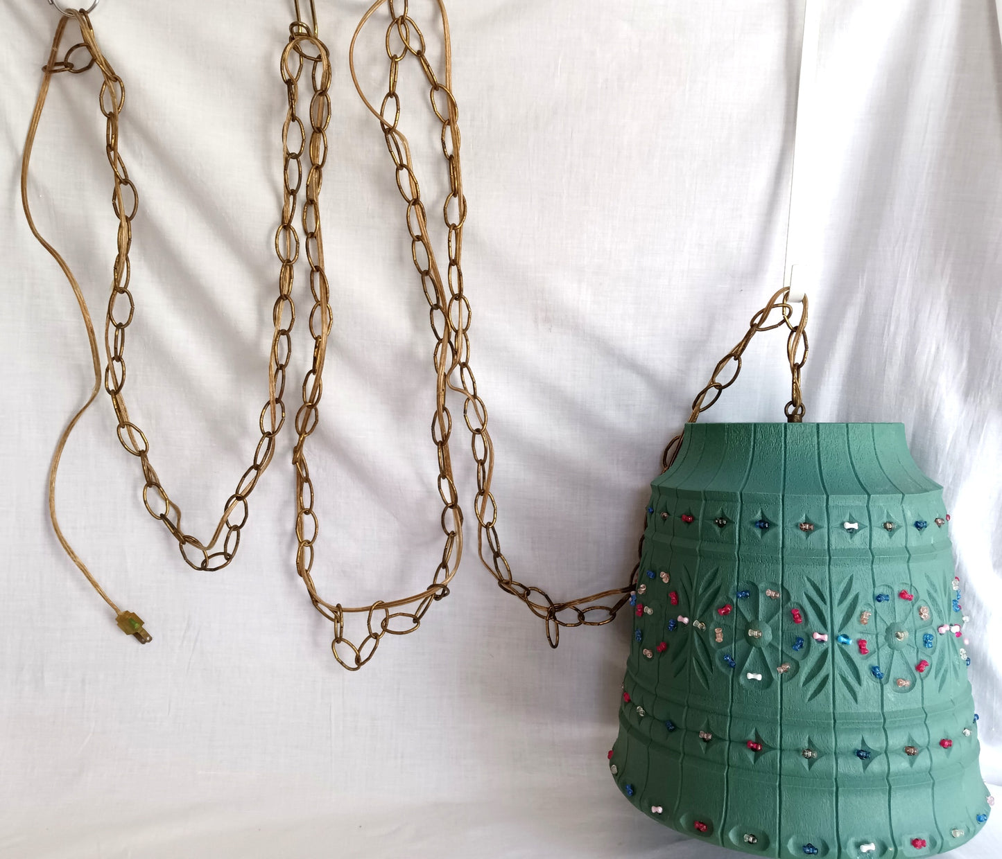 Vintage Large Pendant Lawnware Beaded Hanging Swag Lamp Green Molded Plastic Bell Shape Carved Floral Long Chain Plug In Retro Lighting