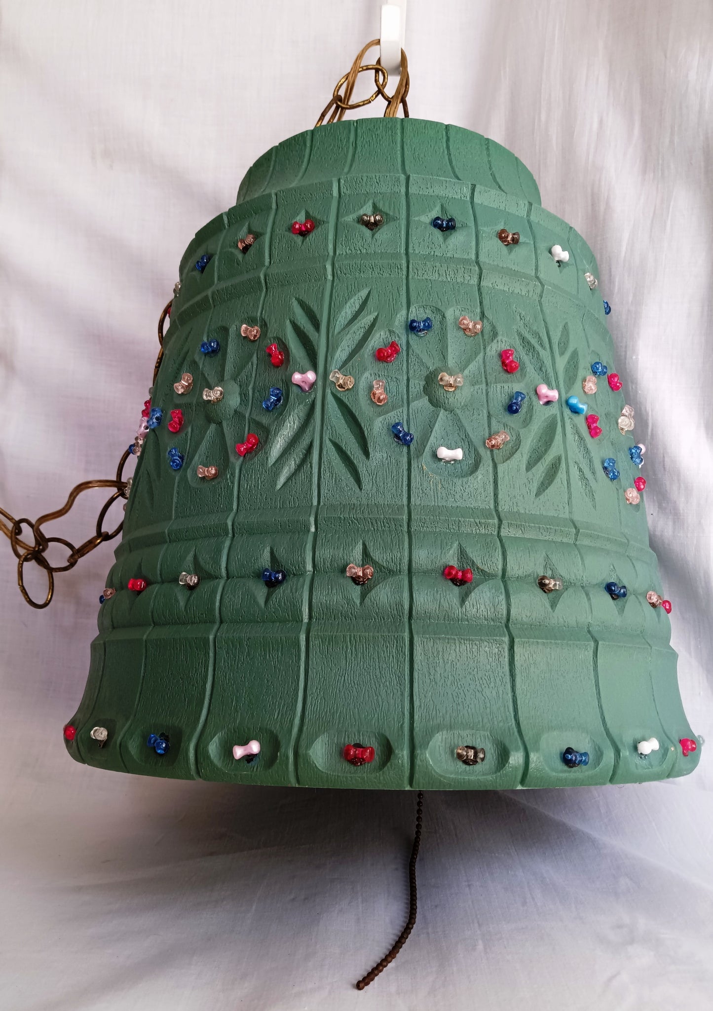 Vintage Large Pendant Lawnware Beaded Hanging Swag Lamp Green Molded Plastic Bell Shape Carved Floral Long Chain Plug In Retro Lighting