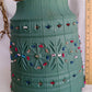 Vintage Large Pendant Lawnware Beaded Hanging Swag Lamp Green Molded Plastic Bell Shape Carved Floral Long Chain Plug In Retro Lighting