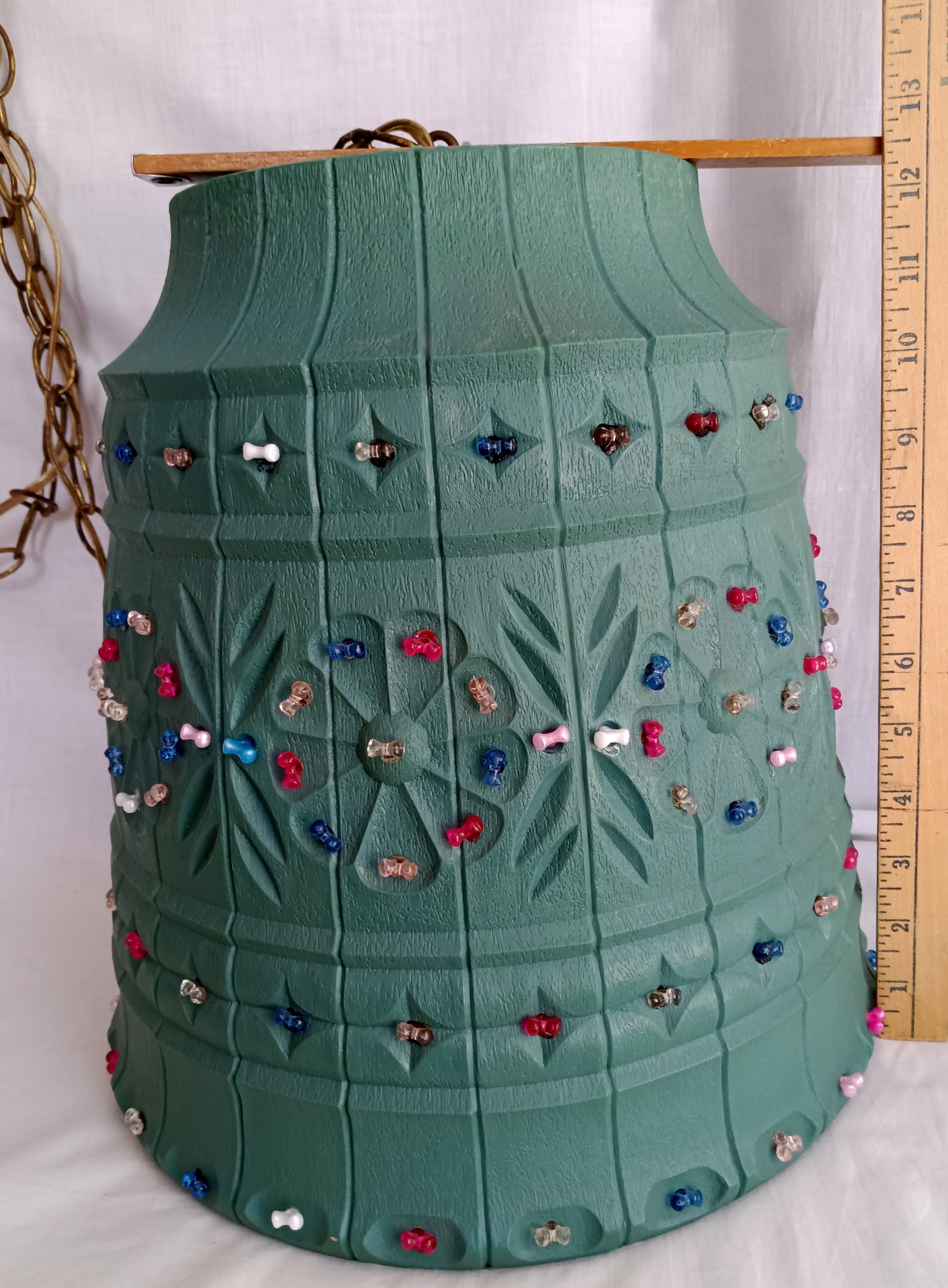 Vintage Large Pendant Lawnware Beaded Hanging Swag Lamp Green Molded Plastic Bell Shape Carved Floral Long Chain Plug In Retro Lighting