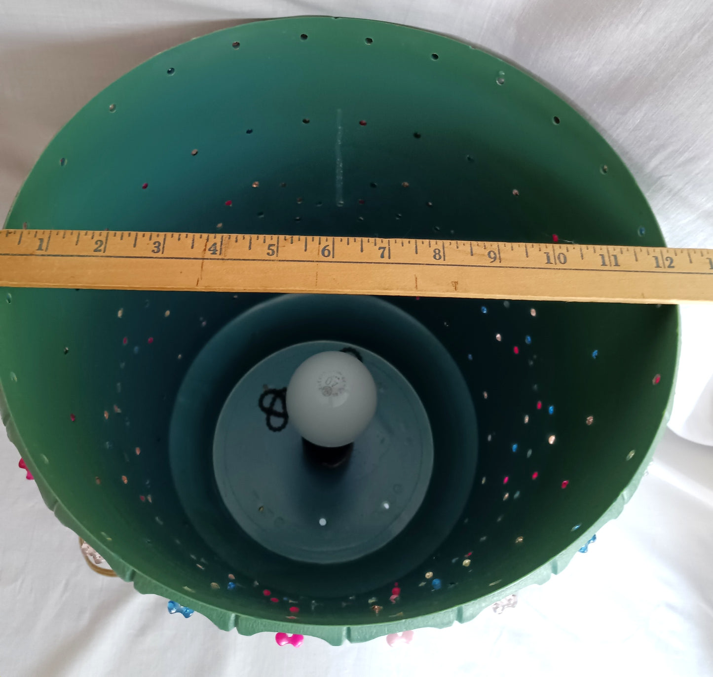 Vintage Large Pendant Lawnware Beaded Hanging Swag Lamp Green Molded Plastic Bell Shape Carved Floral Long Chain Plug In Retro Lighting