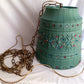 Vintage Large Pendant Lawnware Beaded Hanging Swag Lamp Green Molded Plastic Bell Shape Carved Floral Long Chain Plug In Retro Lighting