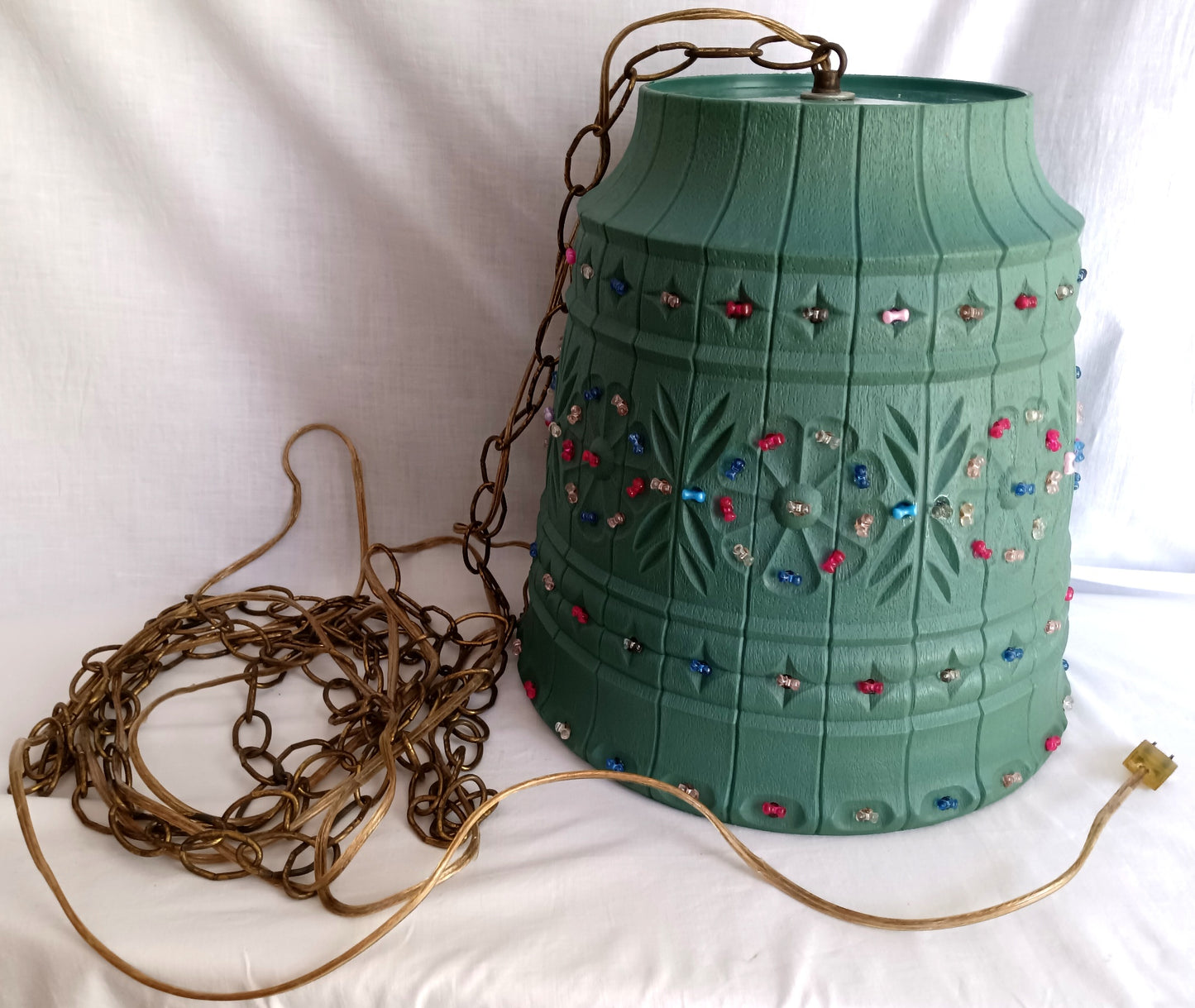 Vintage Large Pendant Lawnware Beaded Hanging Swag Lamp Green Molded Plastic Bell Shape Carved Floral Long Chain Plug In Retro Lighting
