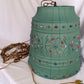 Vintage Large Pendant Lawnware Beaded Hanging Swag Lamp Green Molded Plastic Bell Shape Carved Floral Long Chain Plug In Retro Lighting