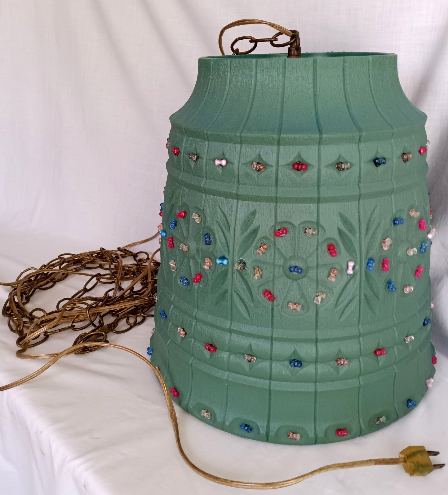 Vintage Large Pendant Lawnware Beaded Hanging Swag Lamp Green Molded Plastic Bell Shape Carved Floral Long Chain Plug In Retro Lighting