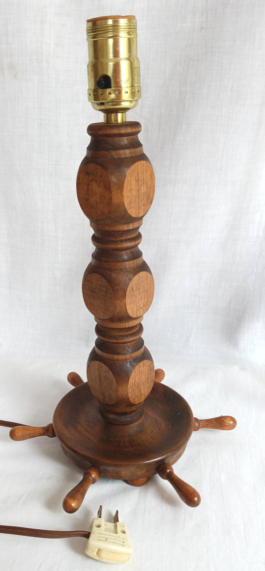 Vintage Folk Art Nautical Ship Wheel Table Lamp Stacked Turned Solid Wood Column Footed Base Nautical Coastal Decor
